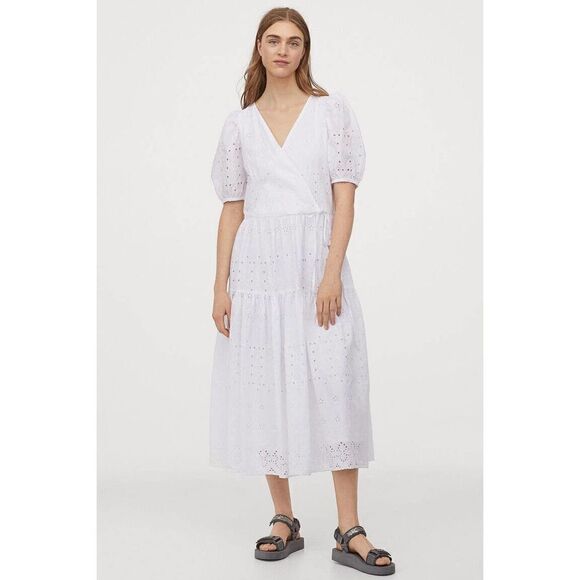 Embroidered Cotton Eyelet Midi White Dress H&M - Picture 1 of 6